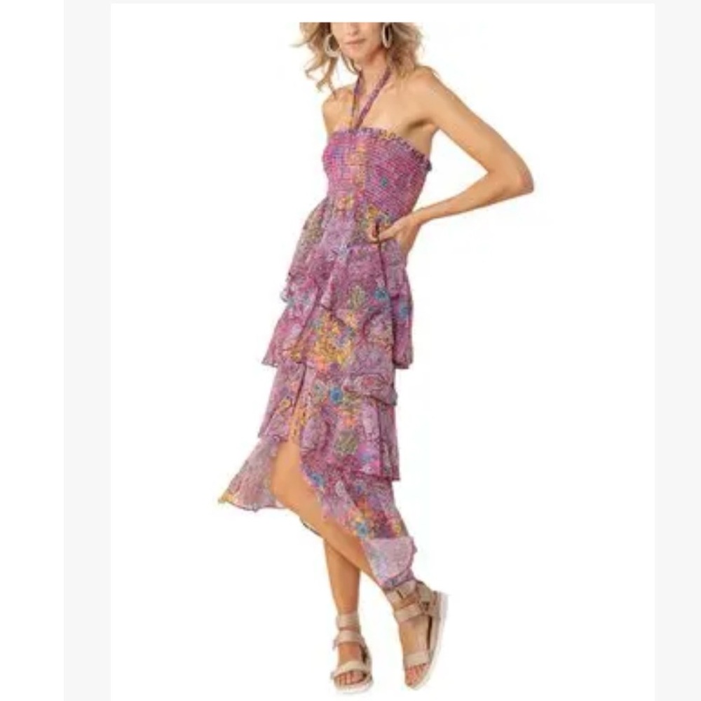 NWT Hale Bob Kestral Chiffon Smocked Tiered Halter Midi Dress in Purple Paisley